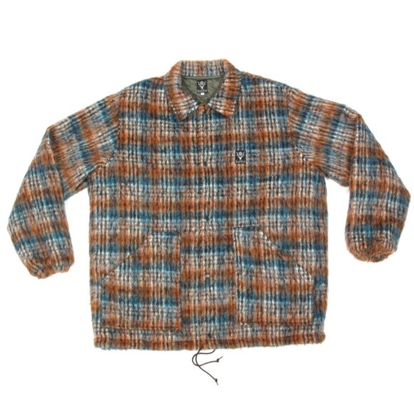 SOUTH2 WEST8 Coach Shaggy Plaid Brown Blue Men's Coat Jacket Japan sz L /654 - Picture 1 of 5